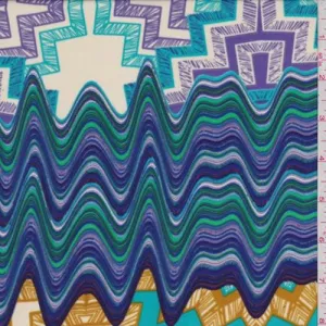 3 YD PC-Ecru/Turquoise/Purple Abstract Crepe de Chine Fabric