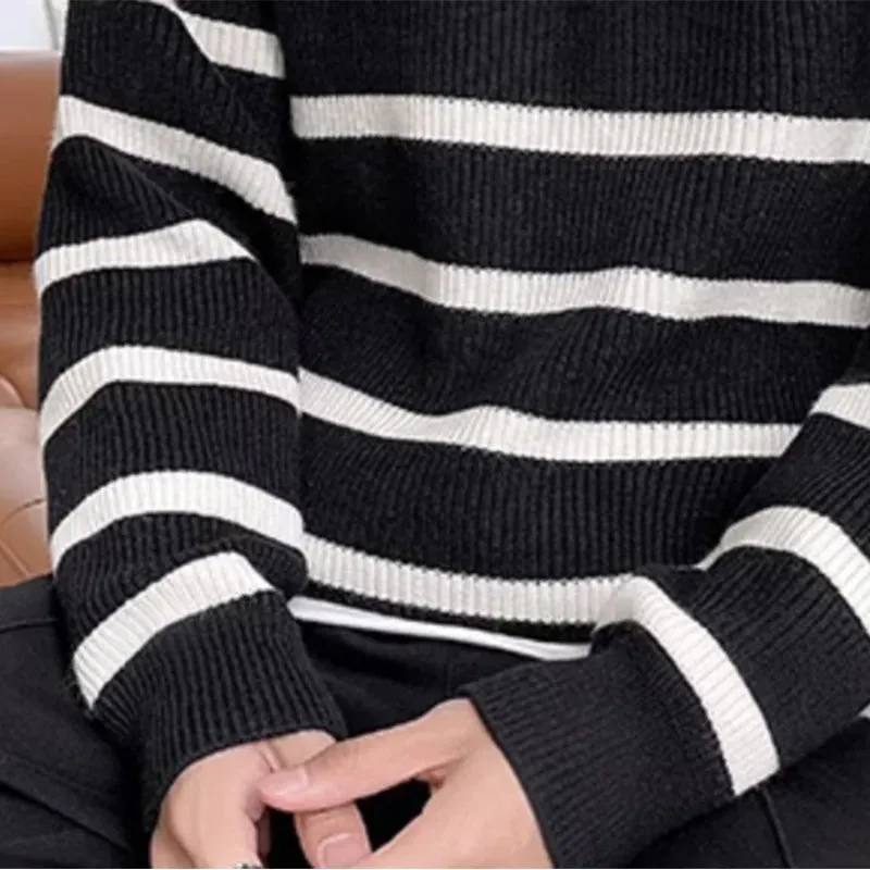 Autumn KPOP Fashion Style Harajuku Slim Fit Tops Loose All Match Casual Outerwear Insert Half High Collar Long Sleeve Sweaters