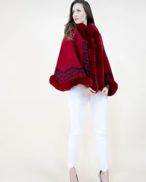 Burgundy Greek Key Shawl w/ Faux Fur Trim