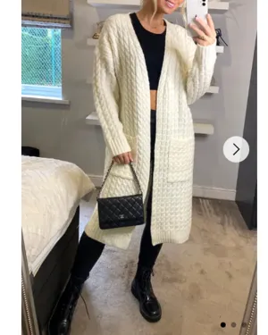 Cable knit design wool-blended long oversized cardigan in White