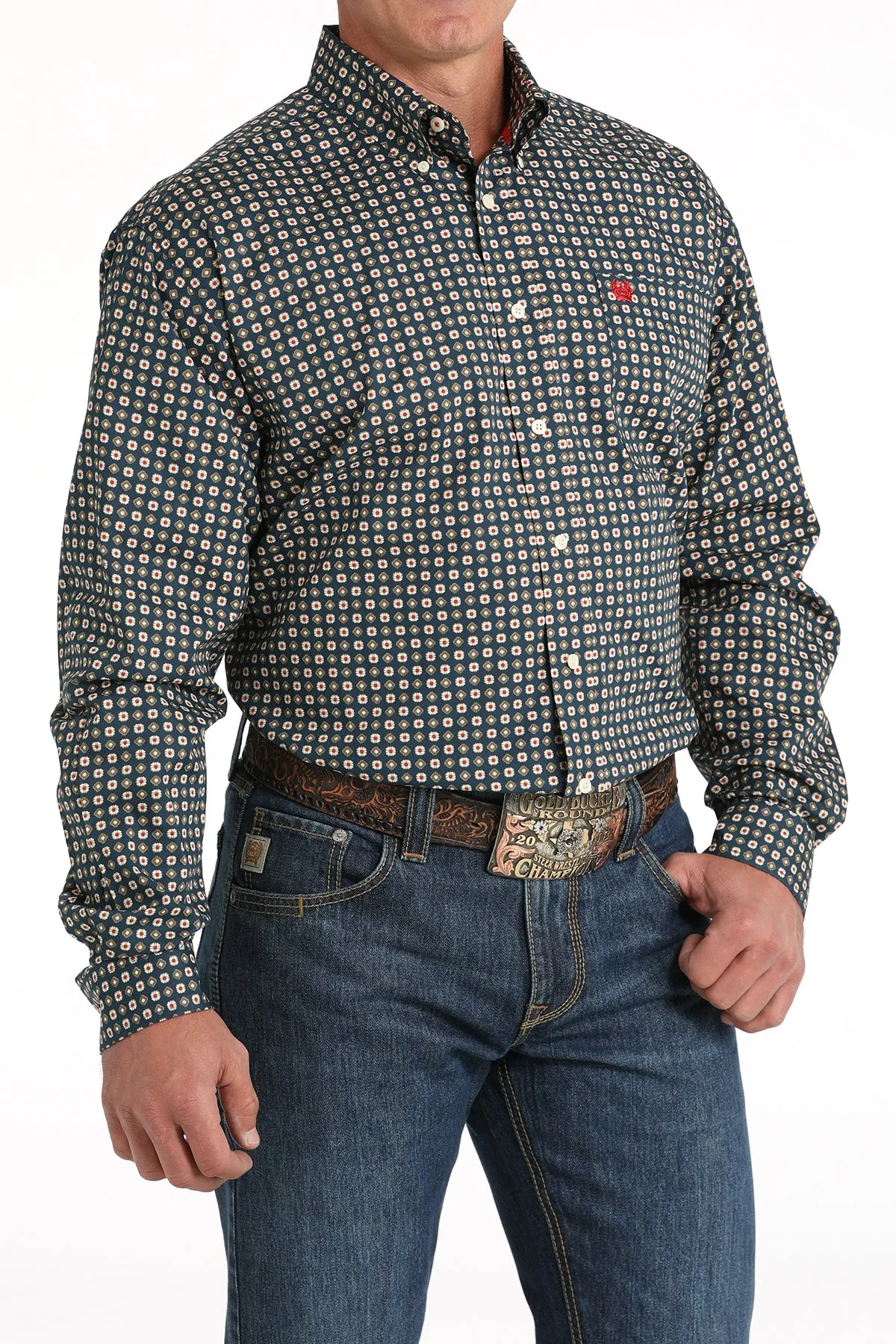 Cinch Men's Navy Stretch Medallion Print Button Down Shirt