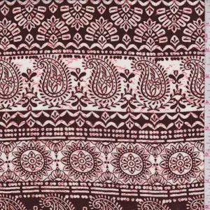 Coffee/Ivory Paisley/Medallion Stripe Crepon Fabric