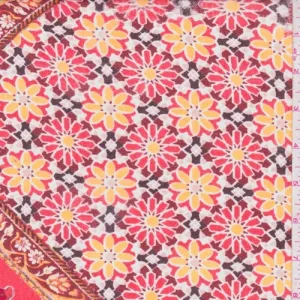 Coral/Apricot Floral Medallion Tile Crepon Fabric