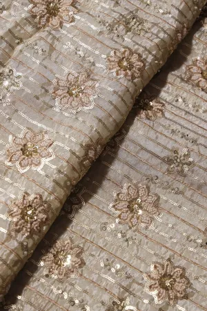 Gold Sequins With Beads Floral Embroidery On Dyeable Viscose Zari Tissue Fabric