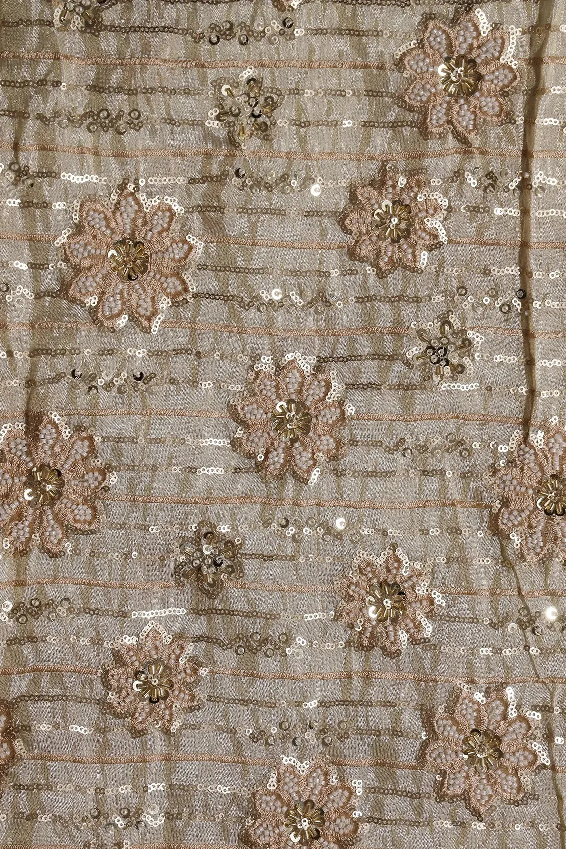 Gold Sequins With Beads Floral Embroidery On Dyeable Viscose Zari Tissue Fabric