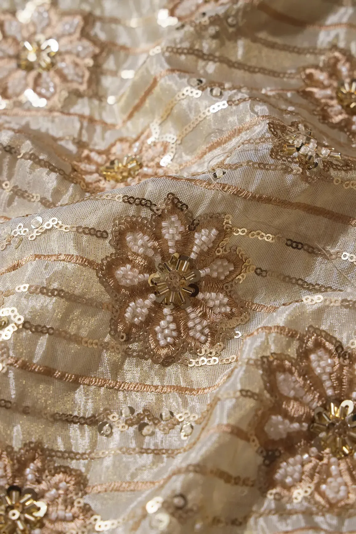 Gold Sequins With Beads Floral Embroidery On Dyeable Viscose Zari Tissue Fabric