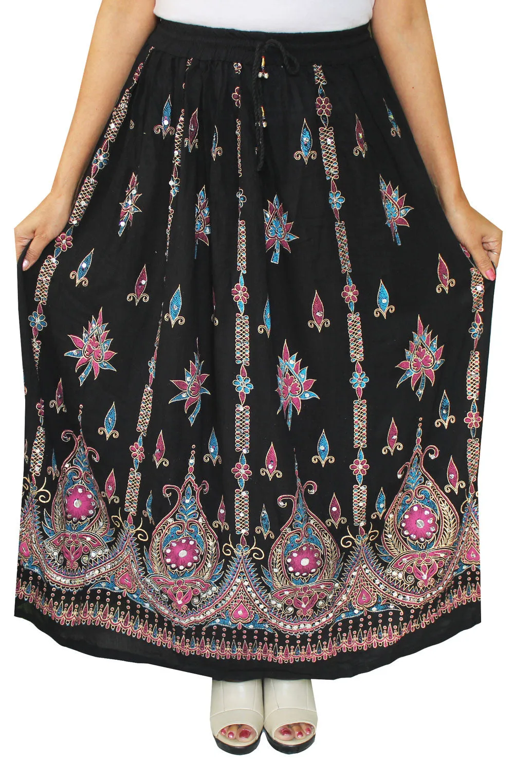 Indian Long Skirts Sequins Ankle Length Rayon India Apparel (Black)