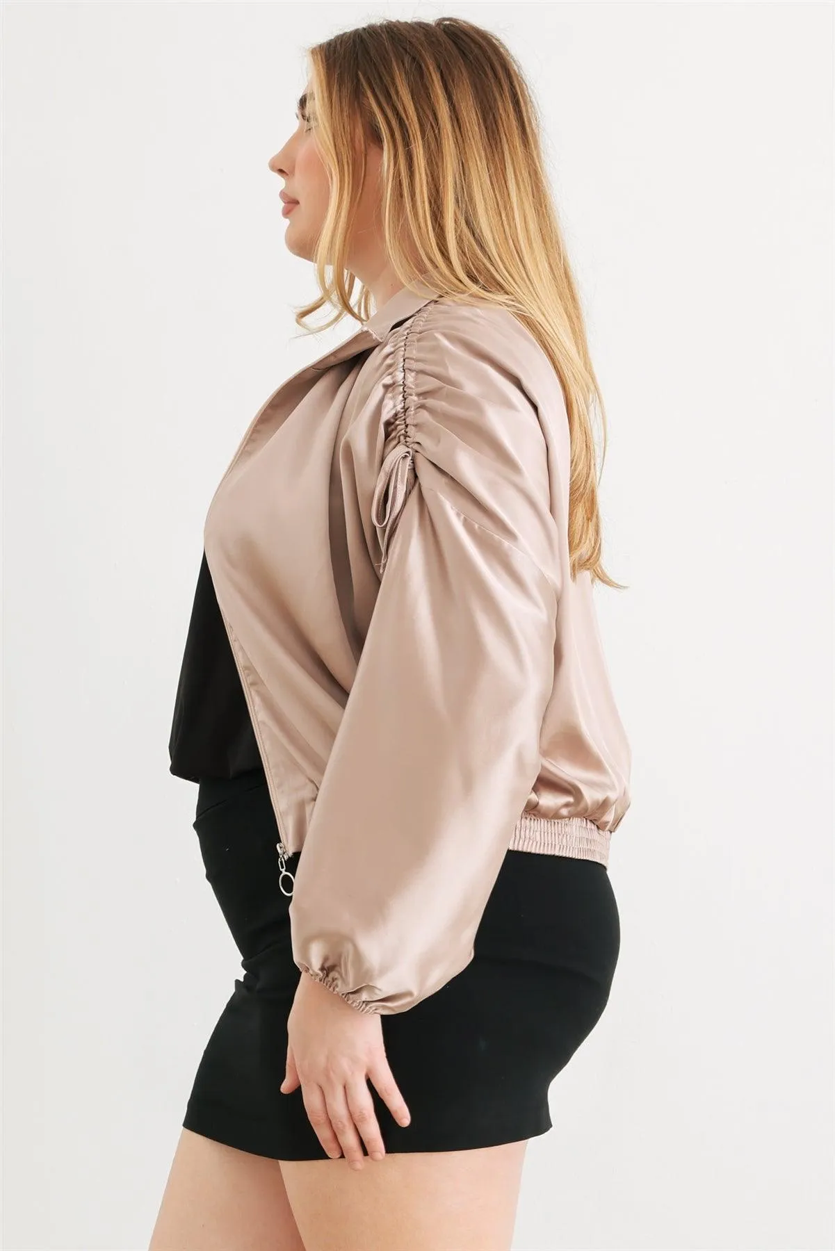 Junior Plus Light Mocha Satin Zip-Up Ruched Long Sleeve Cropped Bomber Jacket /1-1-1