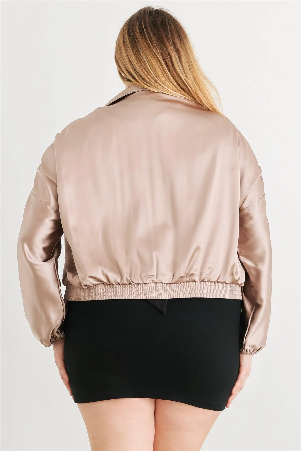 Junior Plus Light Mocha Satin Zip-Up Ruched Long Sleeve Cropped Bomber Jacket /1-1-1