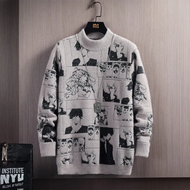 Men Long Sleeve Cartoon Pattern Sweater