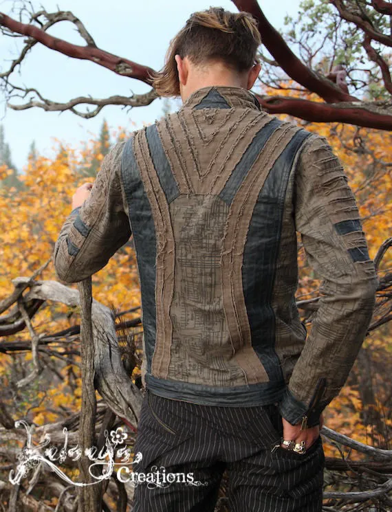 Mens Jacket - Small, Brown, Steampunk, Hipster, Screen printed, Burning Man, Zip Up Front, Leather detail, Mens Clothing, Moto Jacket