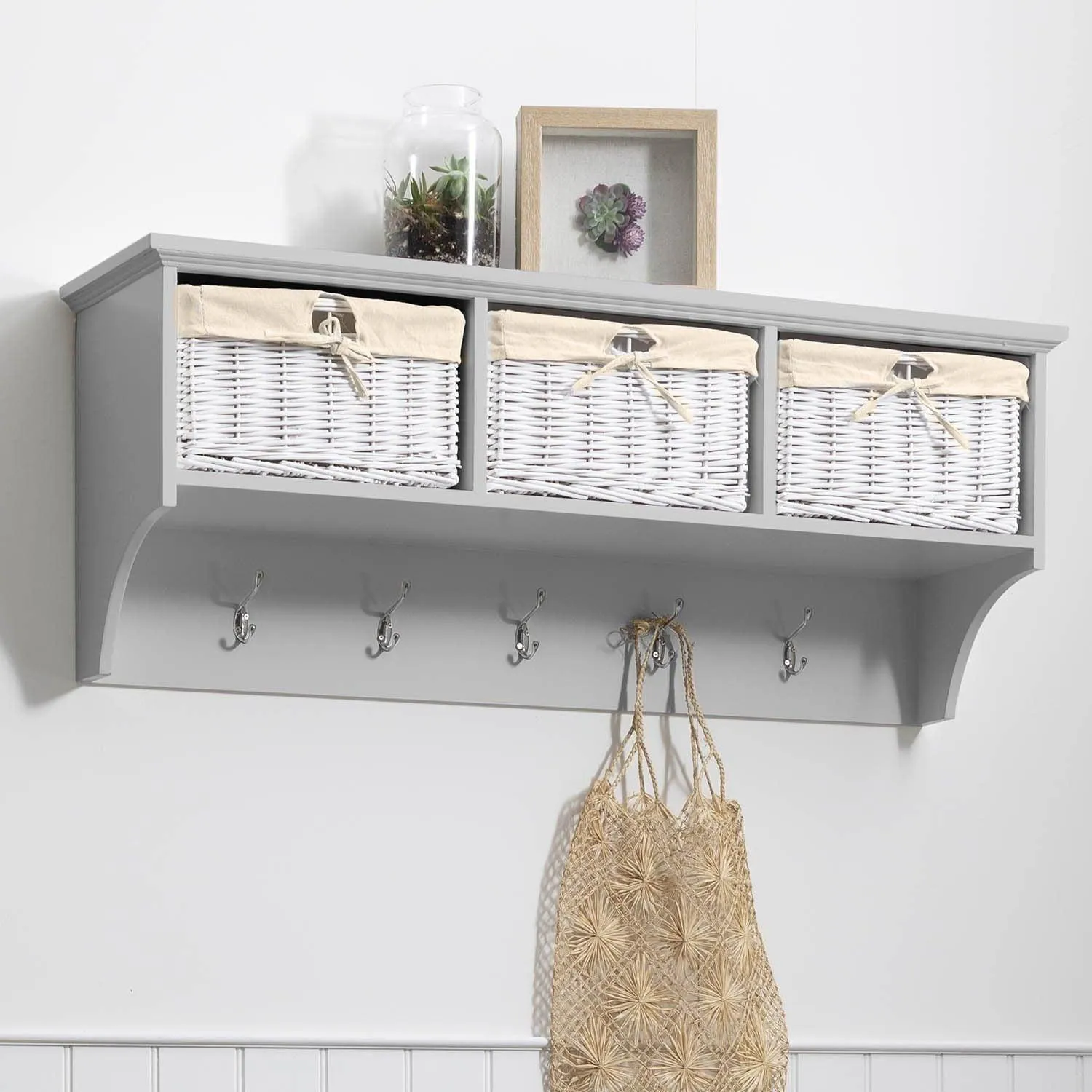 Outlet - Fyfield Coat Hooks with Shelf & Storage Baskets - Grey