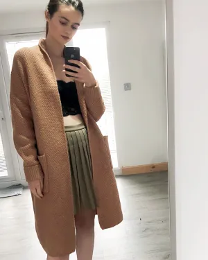 Oversized Boxy rib knit long cardigan with front pocket in brown