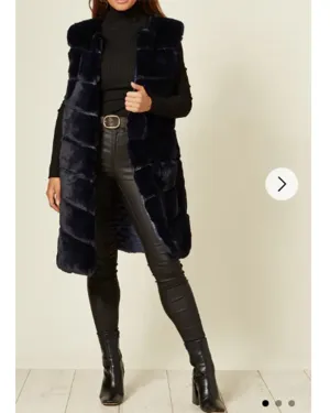 Plus Size Faux Fur Long Gilet in Navy blue