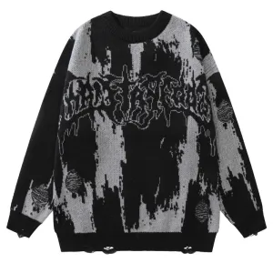 Punk Gothic Ripped Knitted Sweaters / Grunge Fashion O-Neck Letter Print Pullover