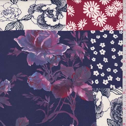 Purple/Berry/White Floral Patchwork Crepe Georgette Fabric