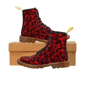 Red Leopard Print Men Hiker Boots, Designer Men's Laced Up Best Animal Print Canvas Boots