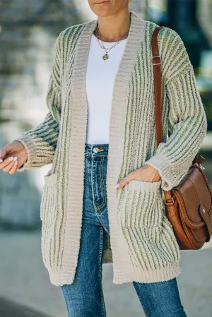 Ribbed Striped Open Front Cardigan with Pockets