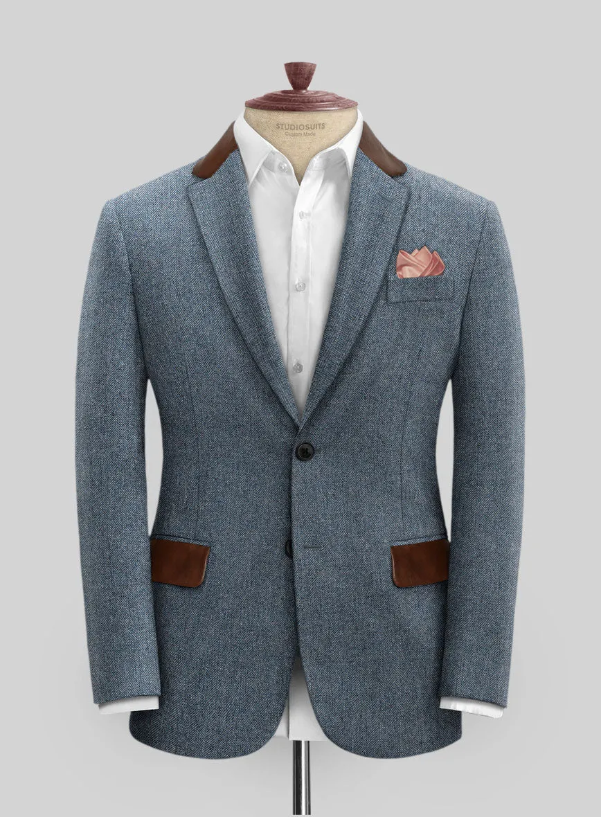 Vintage Herringbone Blue Tweed Jacket - Leather Trims