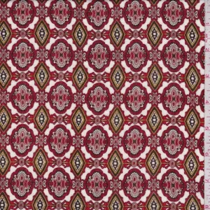 White/Crimson Geo Medallion Crinkled Gauze Fabric