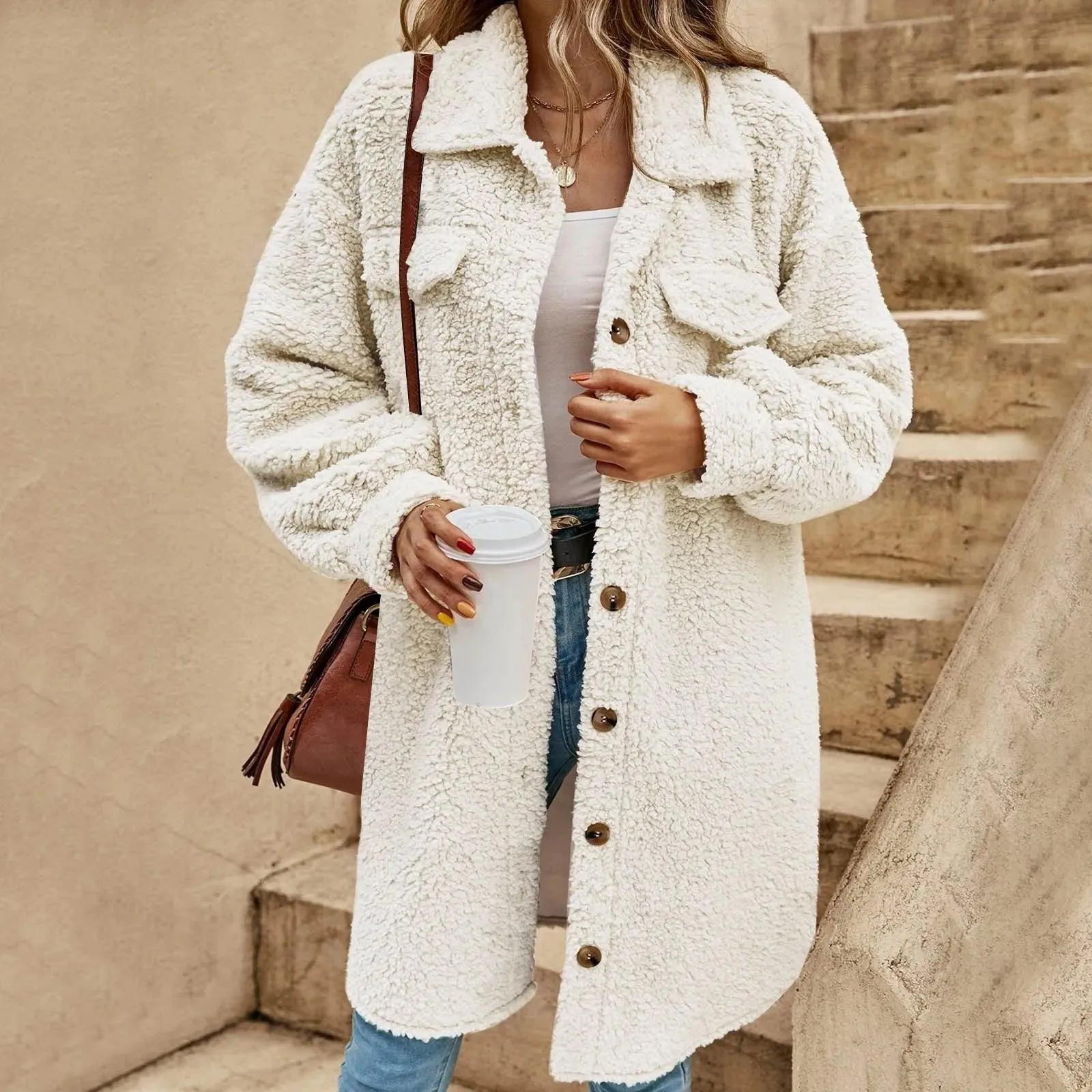 Women Fleece Jacket Long Sleeve Cardigan Sweatshirts Open Front Lapel Outerwears Women'S Winter Jacket 2024 Korean Winter Outer