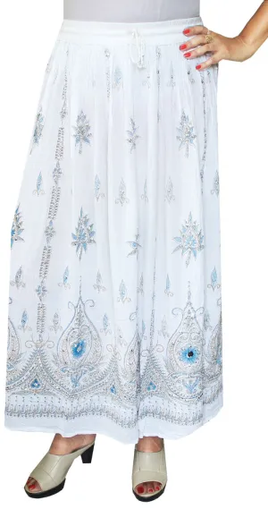 Womens Indian Long Skirts Sequins Ankle Length India Clothing (White)