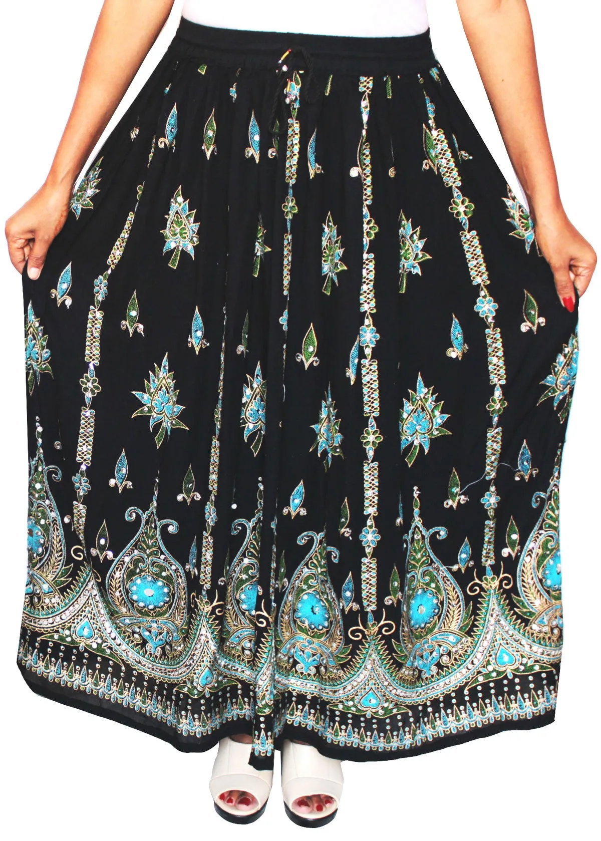 Womens Long Skirts Sequins Ankle Length Rayon India Clothes (Black)