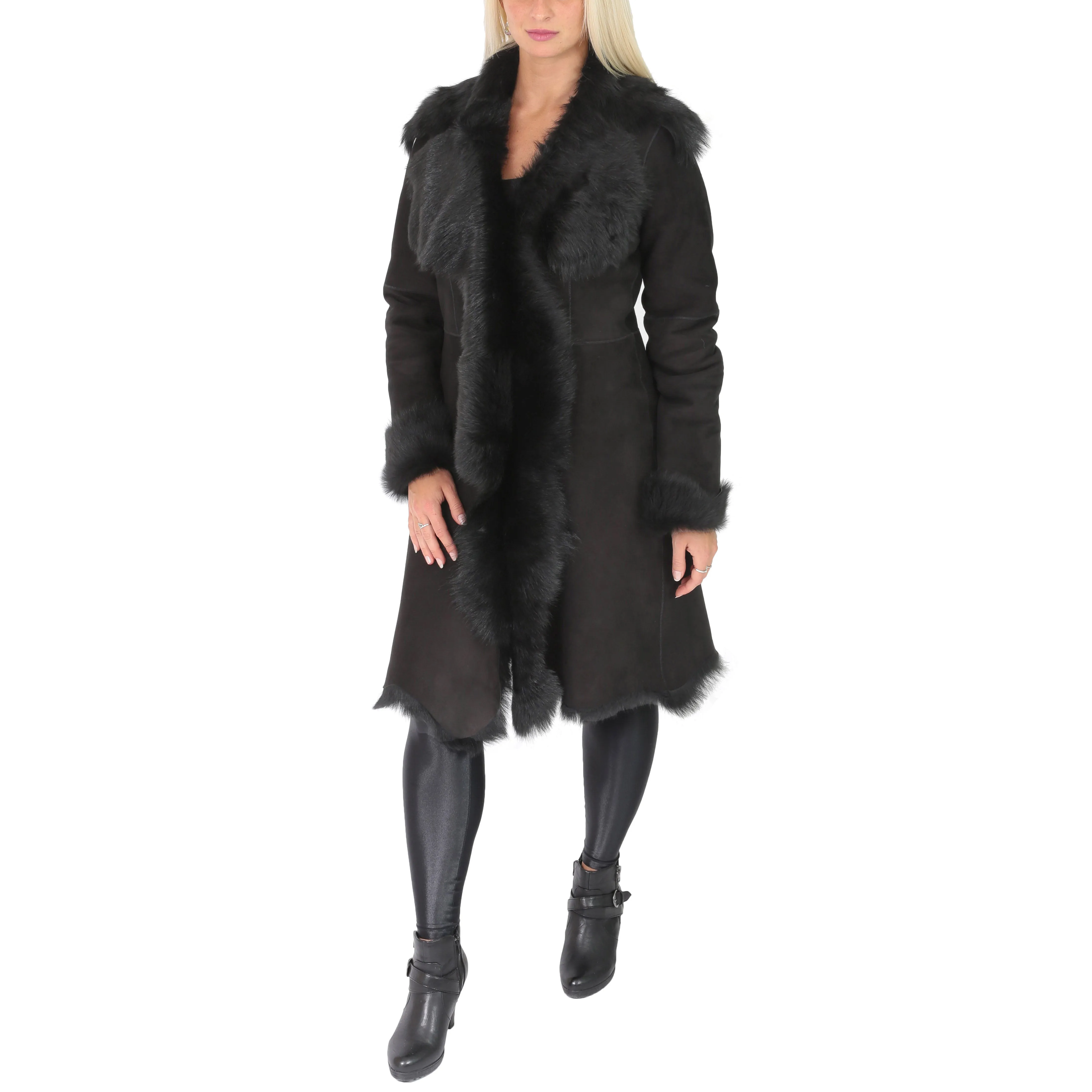 Womens Luxurious Toscana Long Coat Real Sheepskin Pamela Black