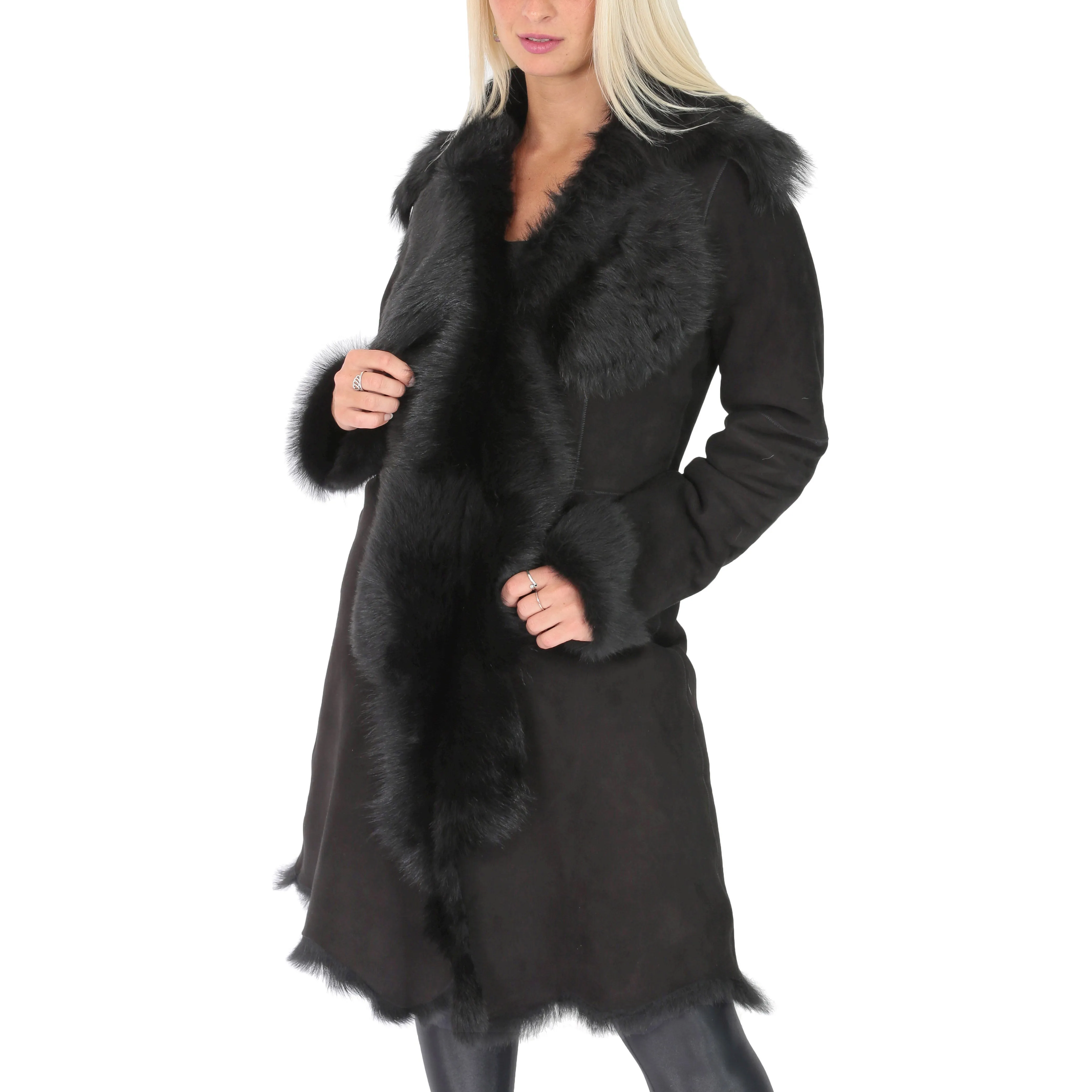 Womens Luxurious Toscana Long Coat Real Sheepskin Pamela Black